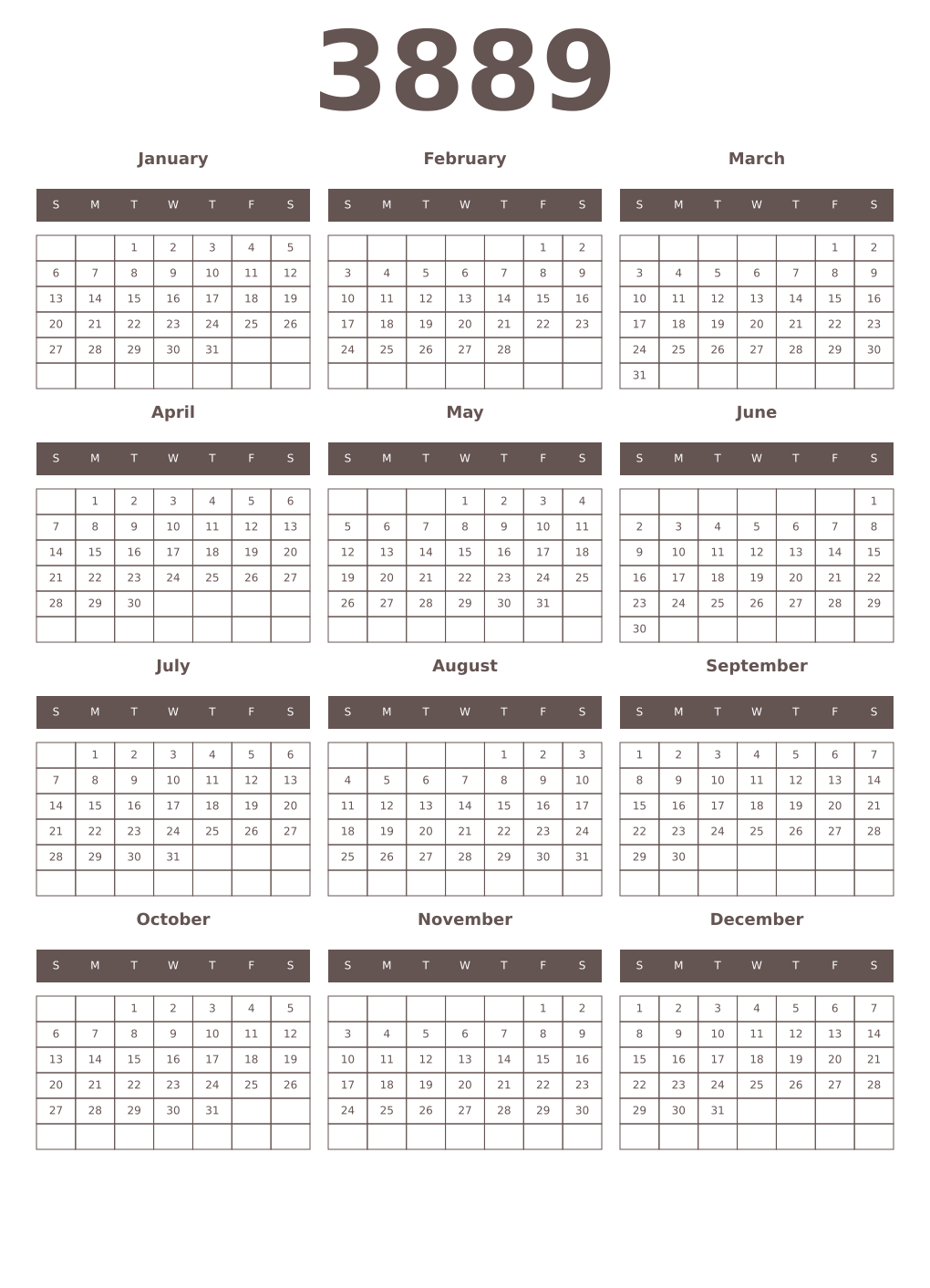 Printable 3889 Year Calendars wenge
