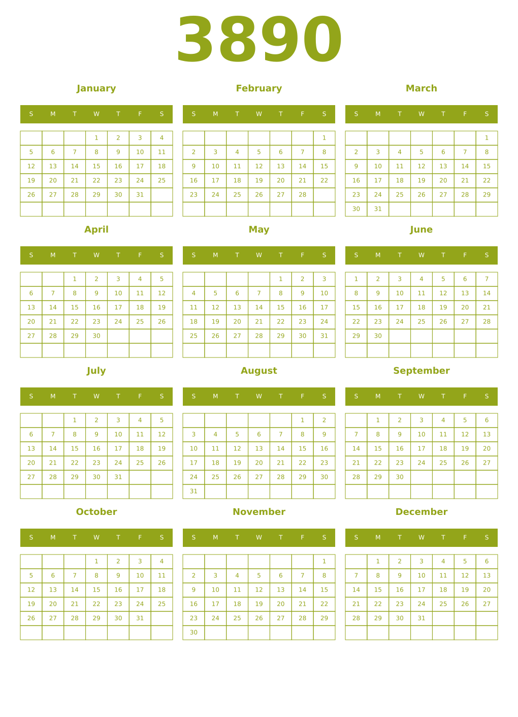 Printable 3890 Year Calendars chartreuse