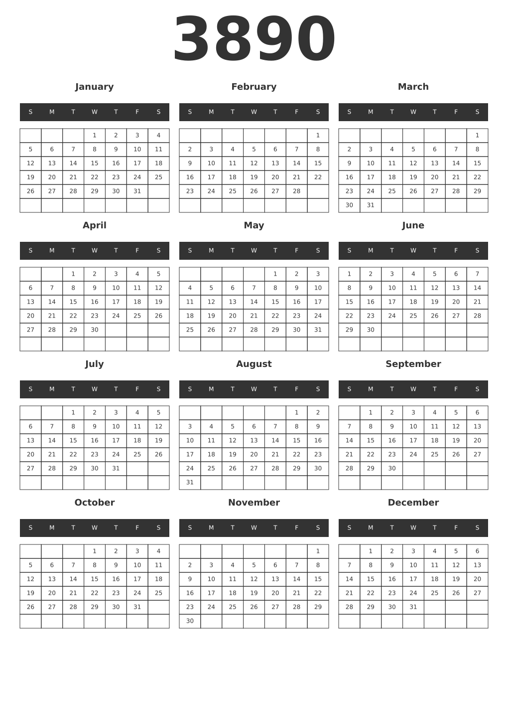 Printable 3890 Year Calendars dark