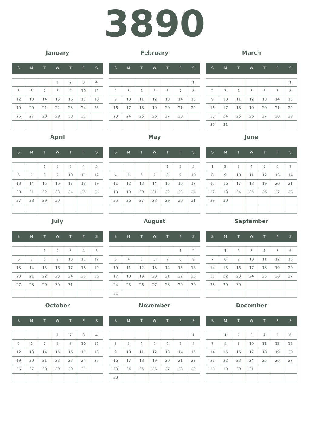 Printable 3890 Year Calendars feldgrau