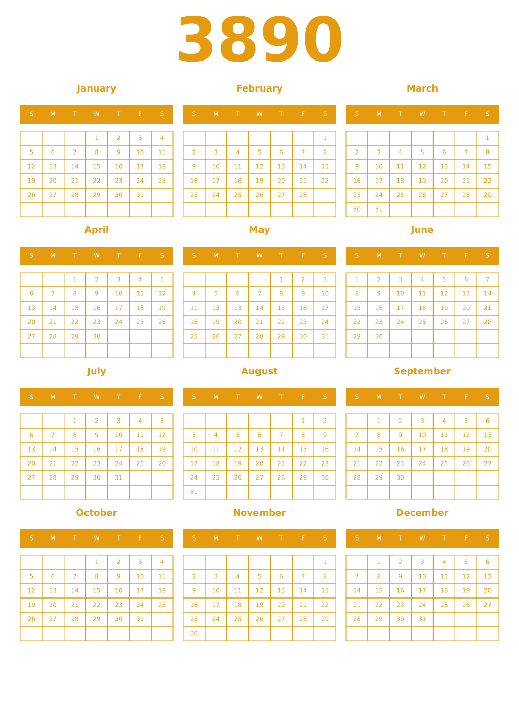 Printable 3890 Year Calendars gamboge