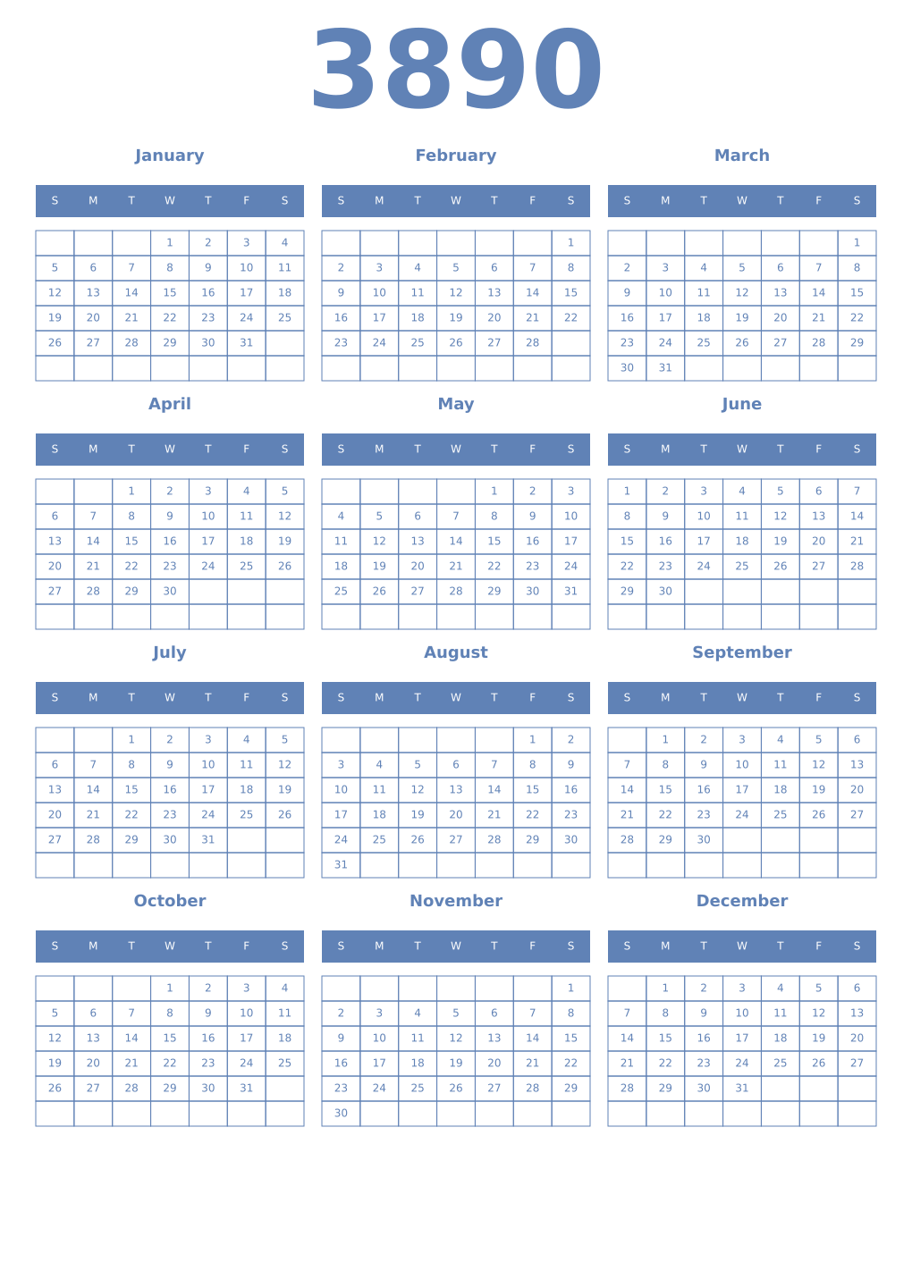 Printable 3890 Year Calendars glaucous