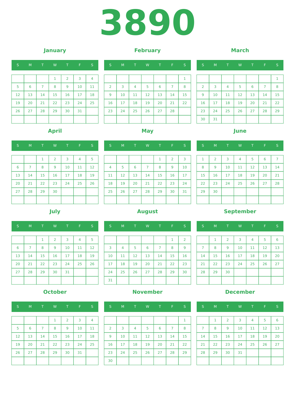 Printable 3890 Year Calendars green