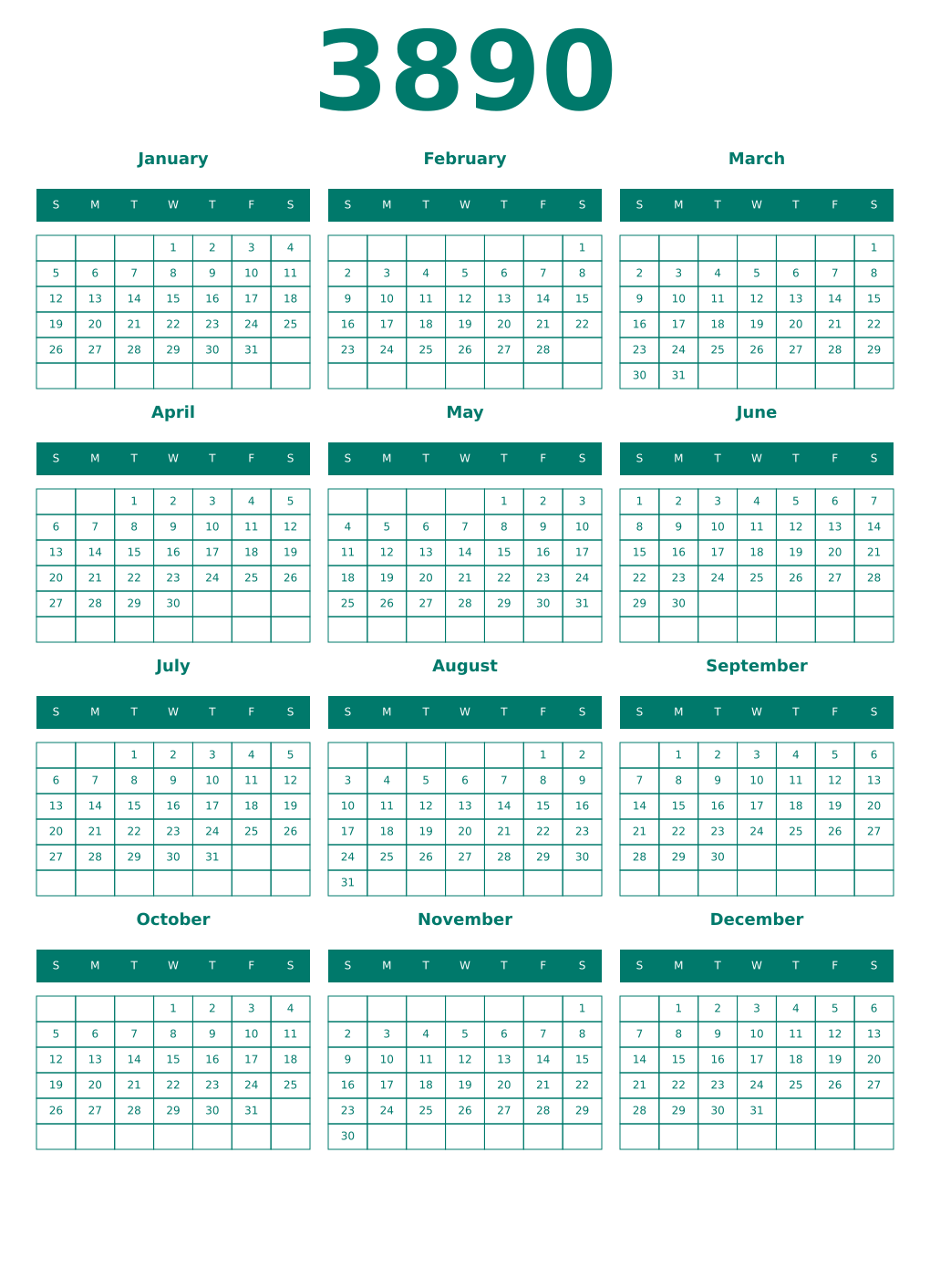 Printable 3890 Year Calendars pastel