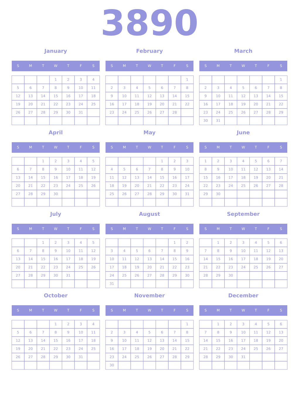 Printable 3890 Year Calendars periwinkle