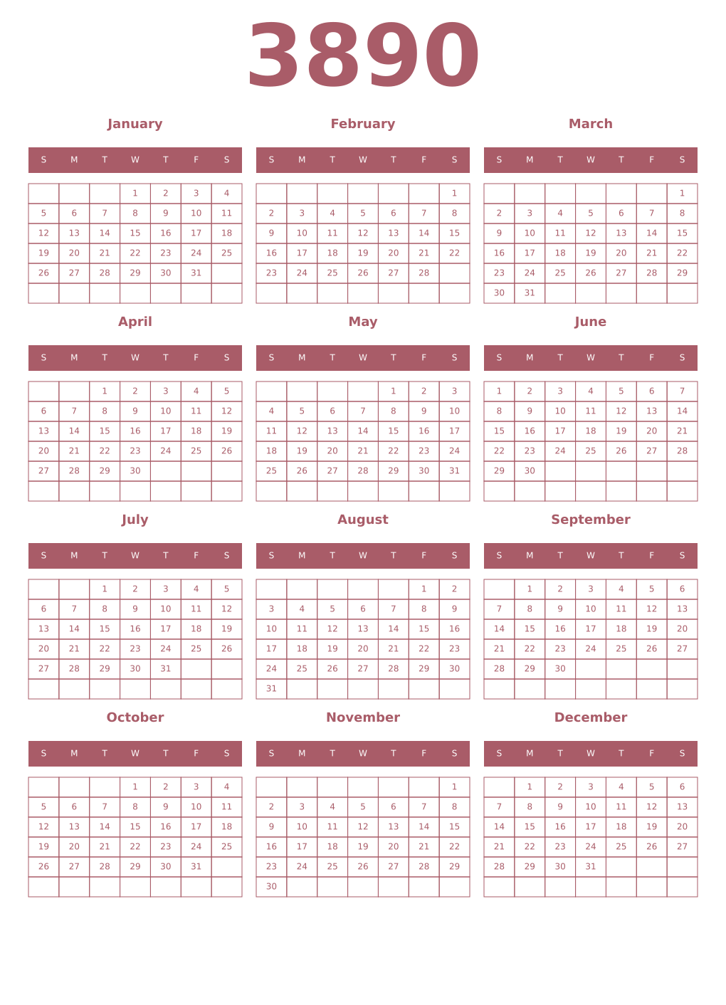 Printable 3890 Year Calendars puce