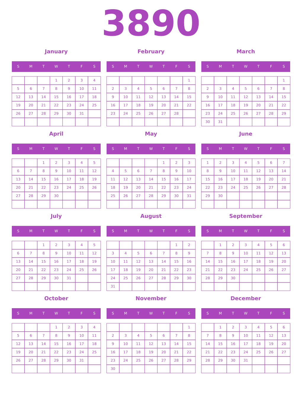 Printable 3890 Year Calendars purple