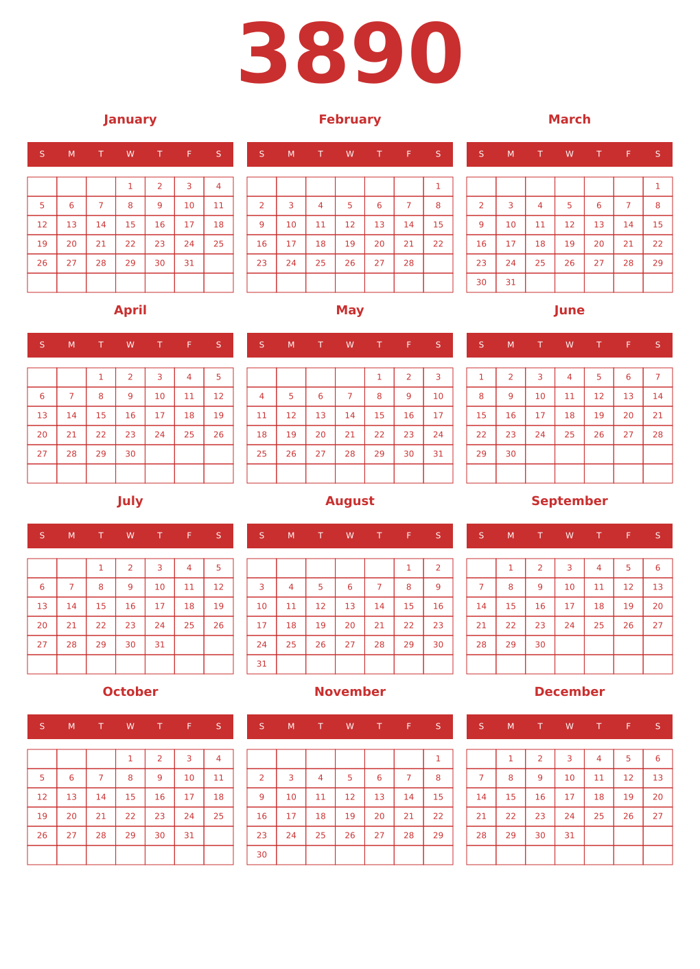 Printable 3890 Year Calendars red