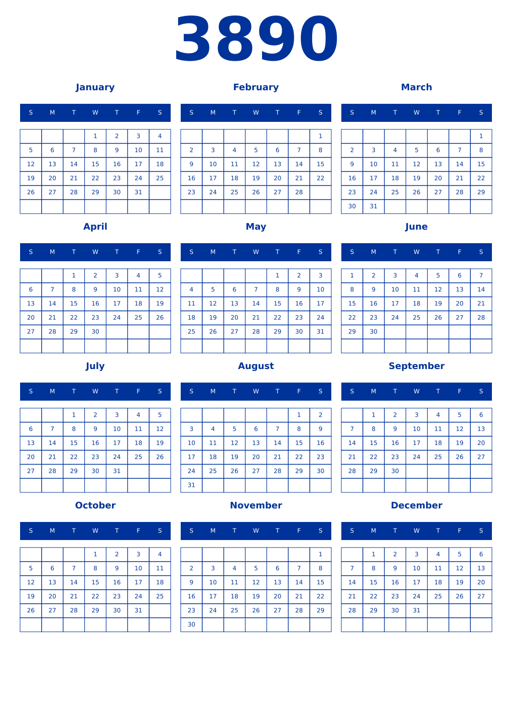 Printable 3890 Year Calendars smalt