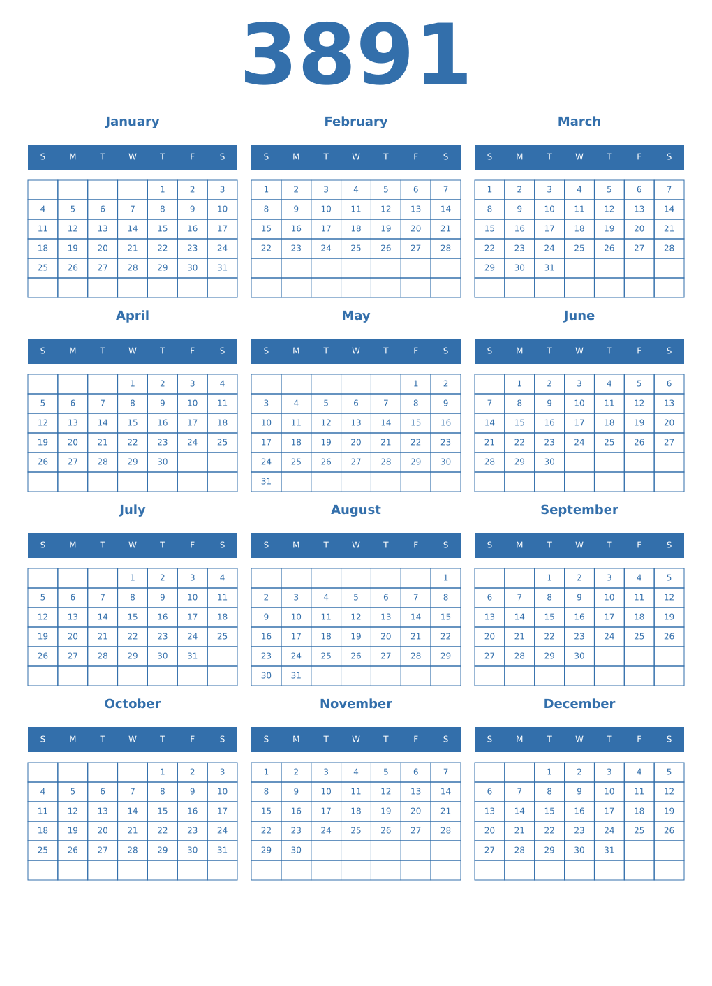 Printable 3891 Year Calendars blue