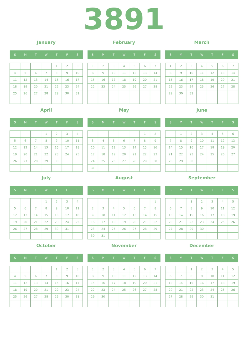 Printable 3891 Year Calendars celadon