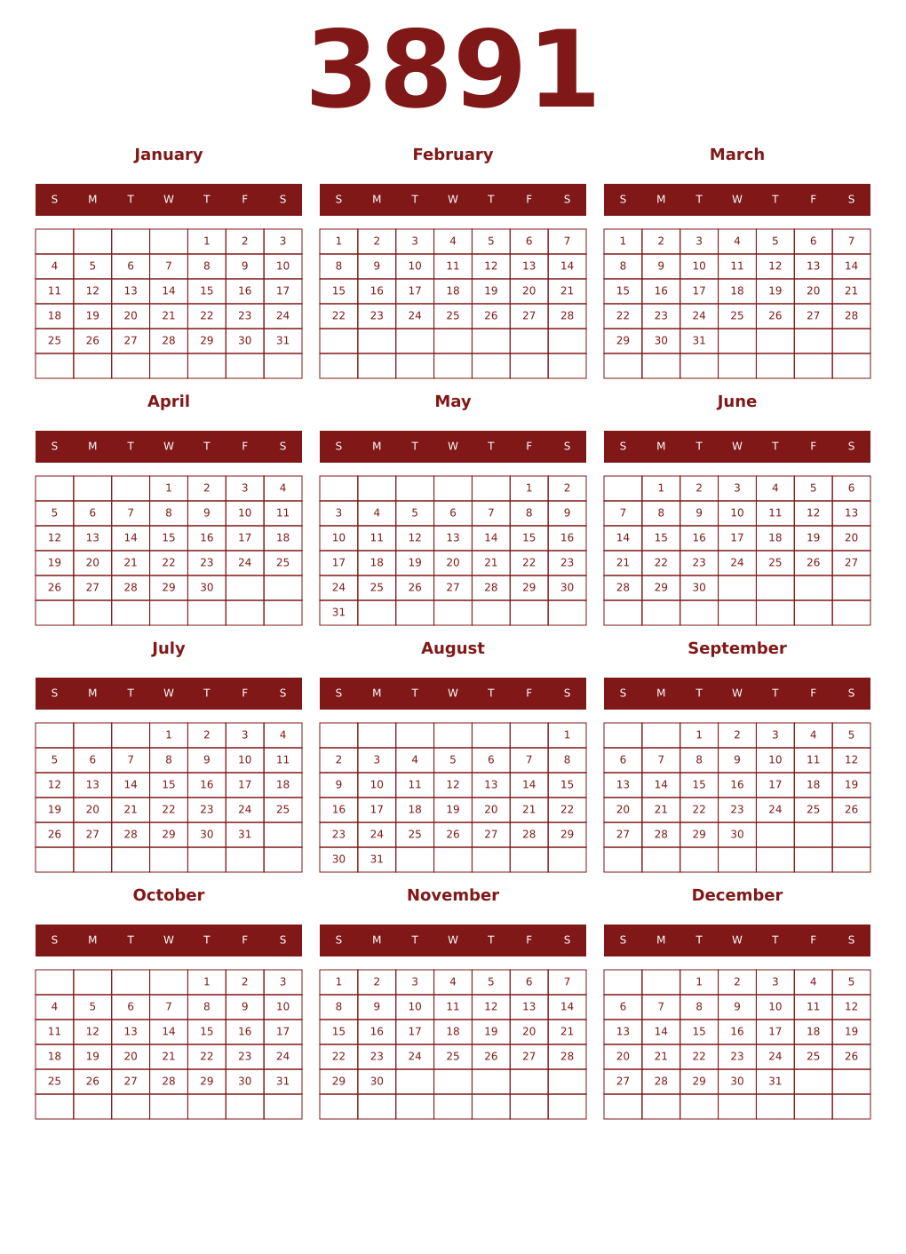 Printable 3891 Year Calendars falu