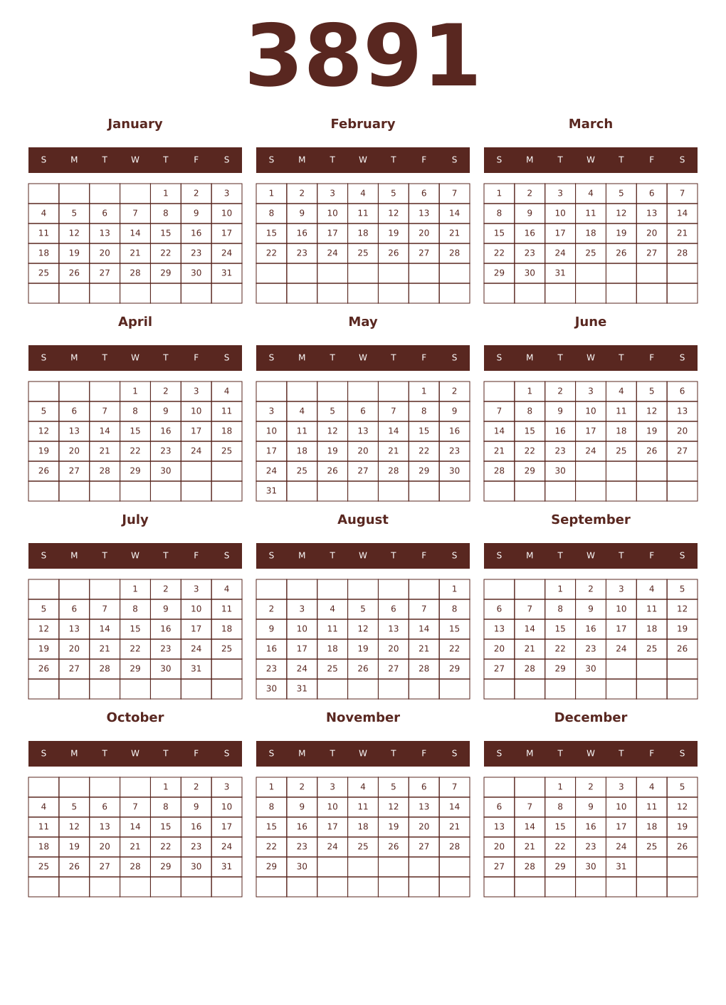 Printable 3891 Year Calendars mortuum