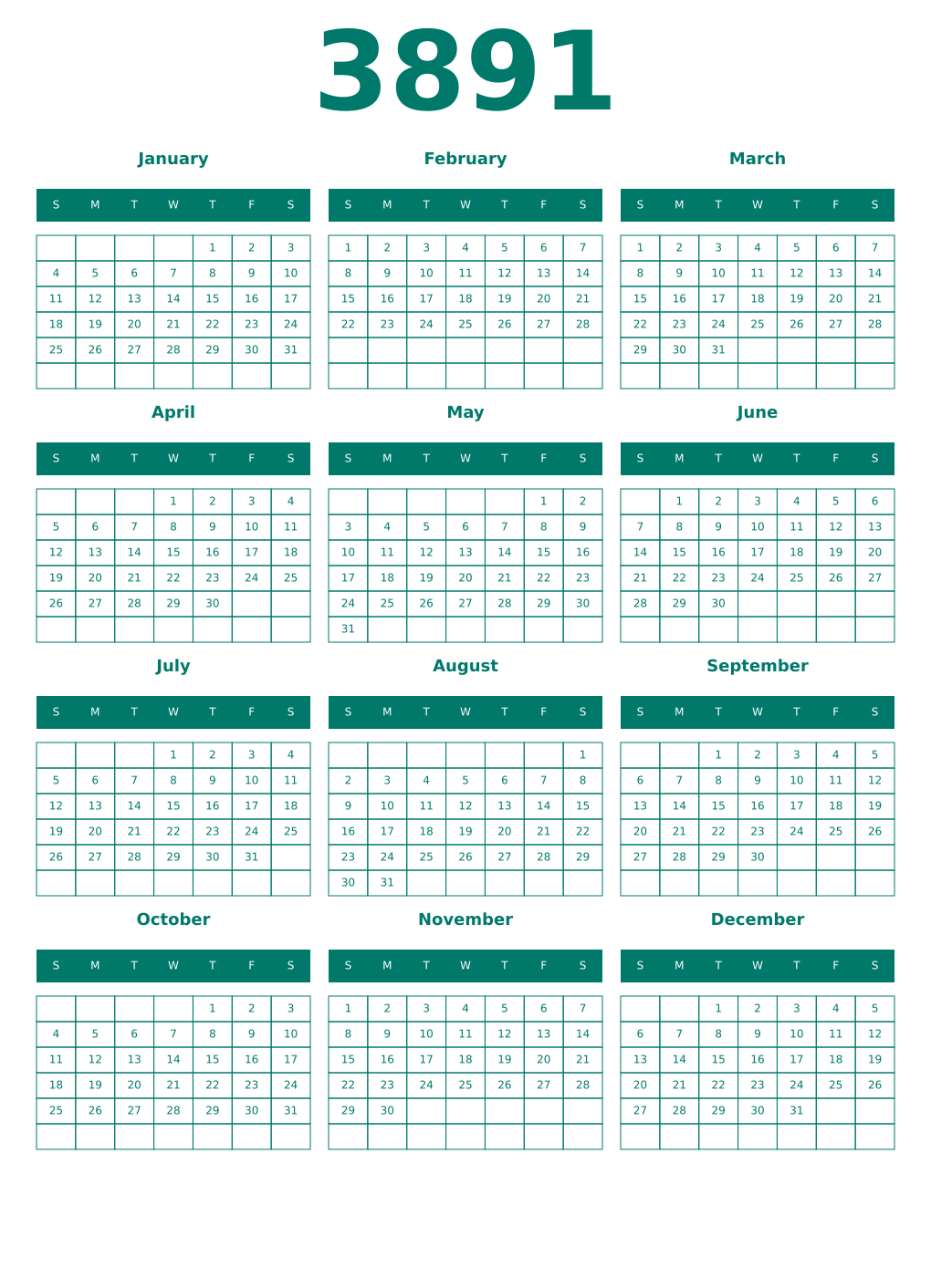 Printable 3891 Year Calendars pastel
