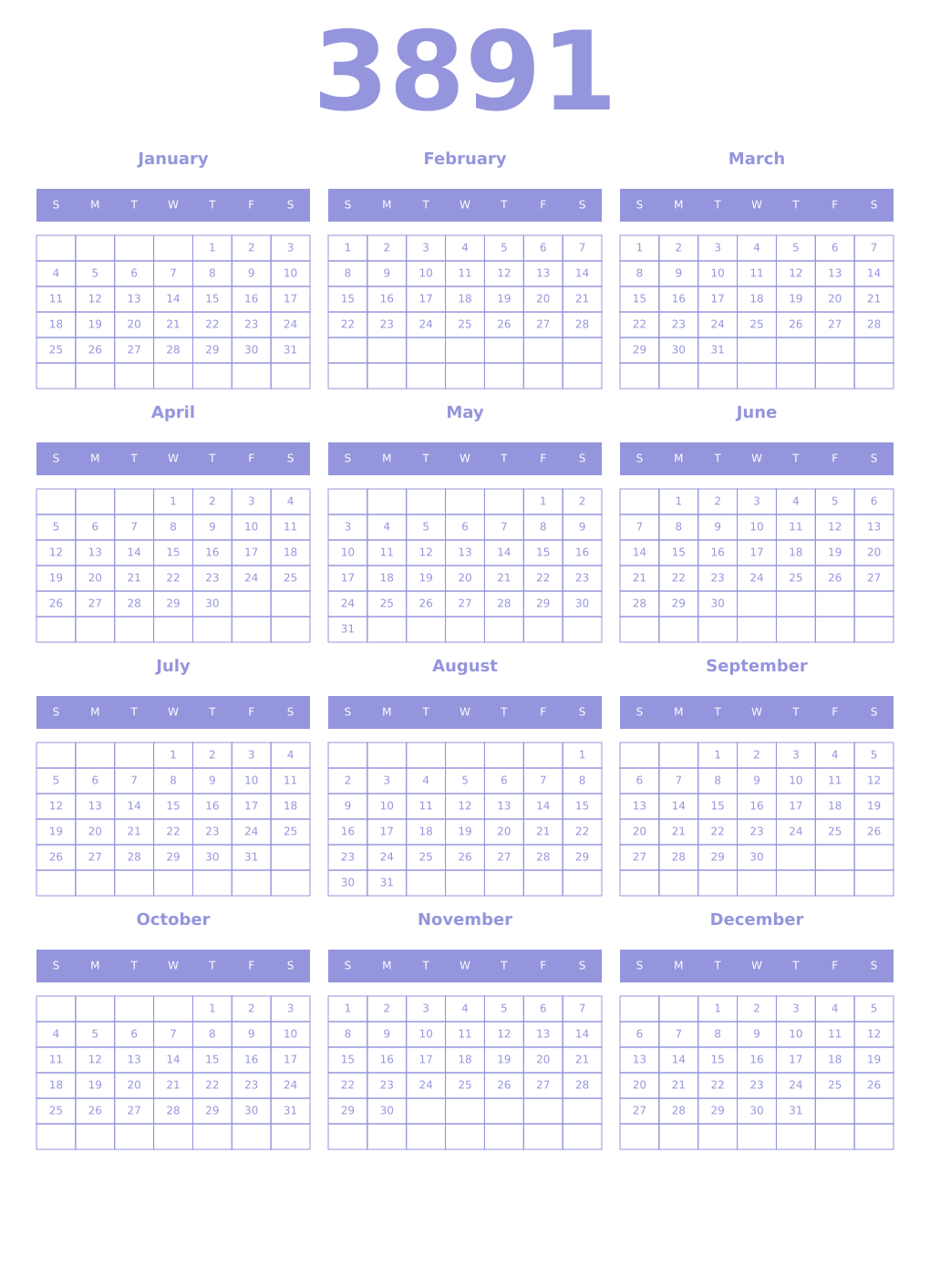 Printable 3891 Year Calendars periwinkle