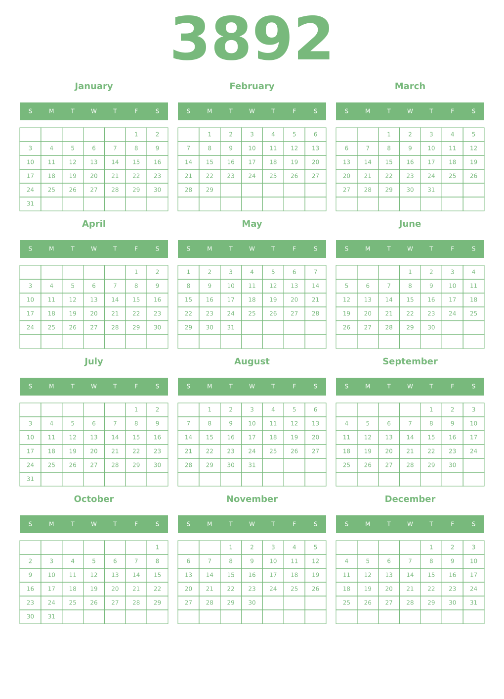 Printable 3892 Year Calendars celadon