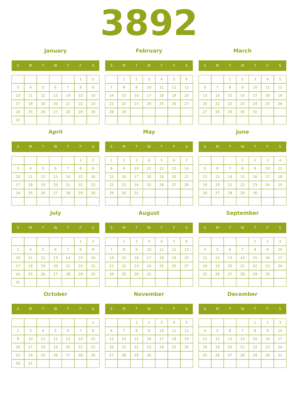 Printable 3892 Year Calendars chartreuse