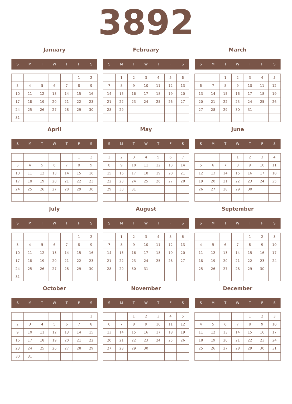Printable 3892 Year Calendars coffe