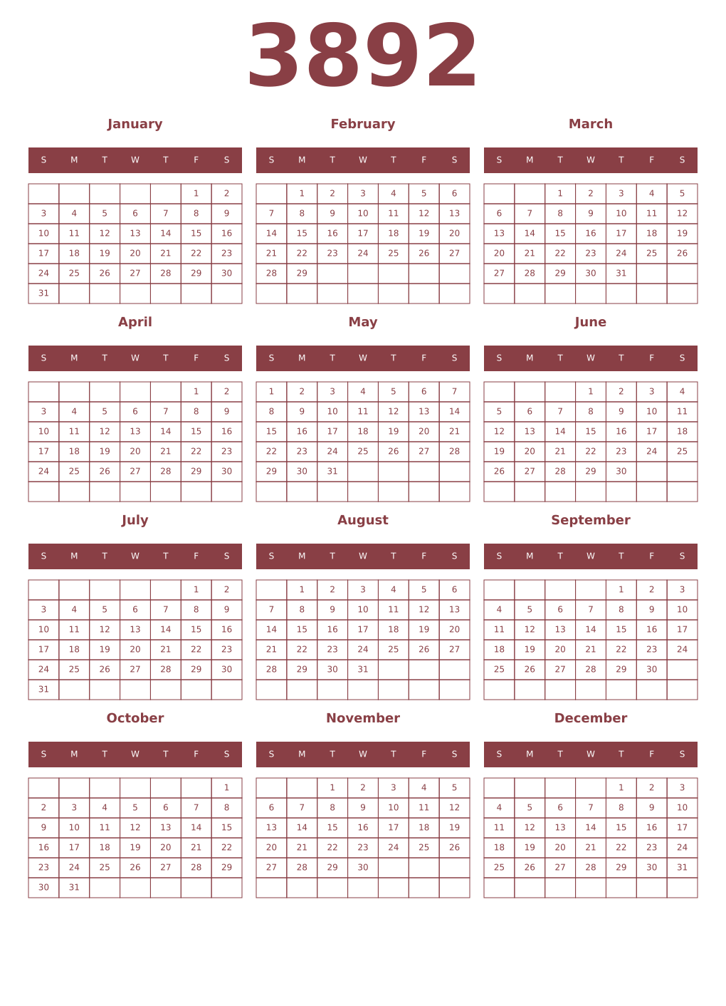 Printable 3892 Year Calendars cordovan
