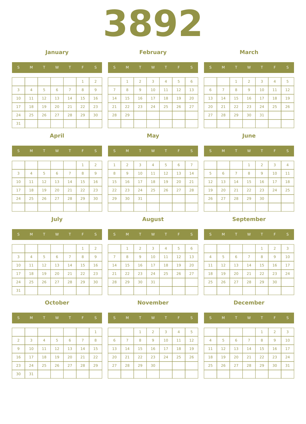 Printable 3892 Year Calendars eburnean