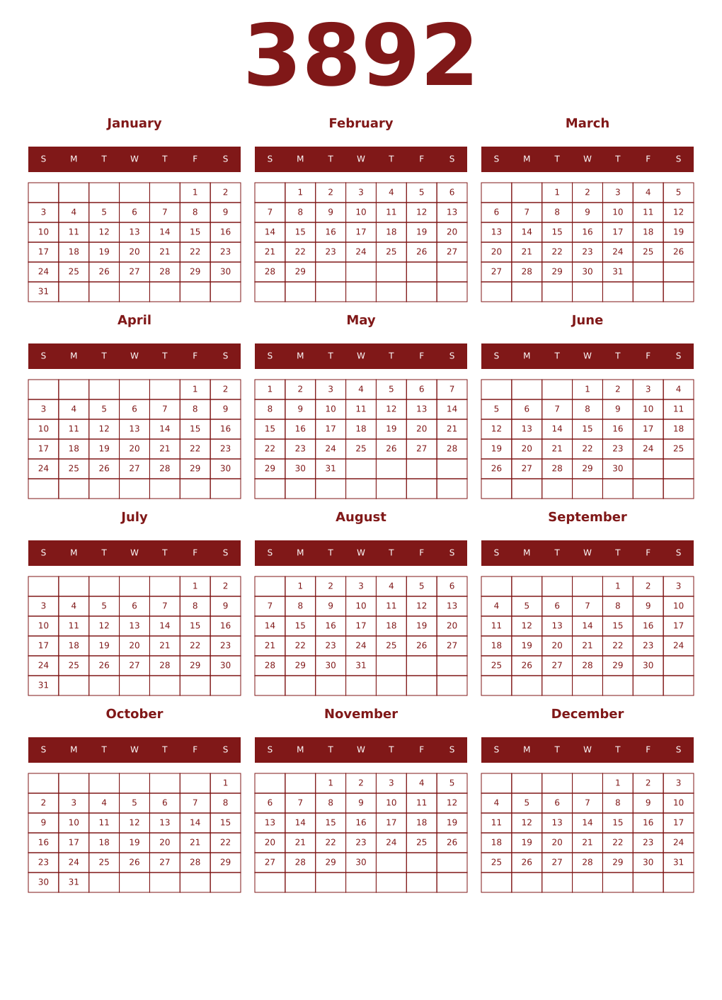 Printable 3892 Year Calendars falu
