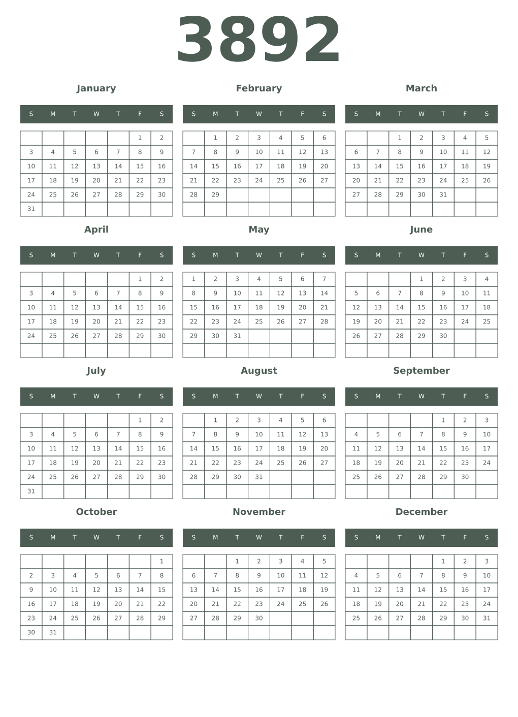 Printable 3892 Year Calendars feldgrau