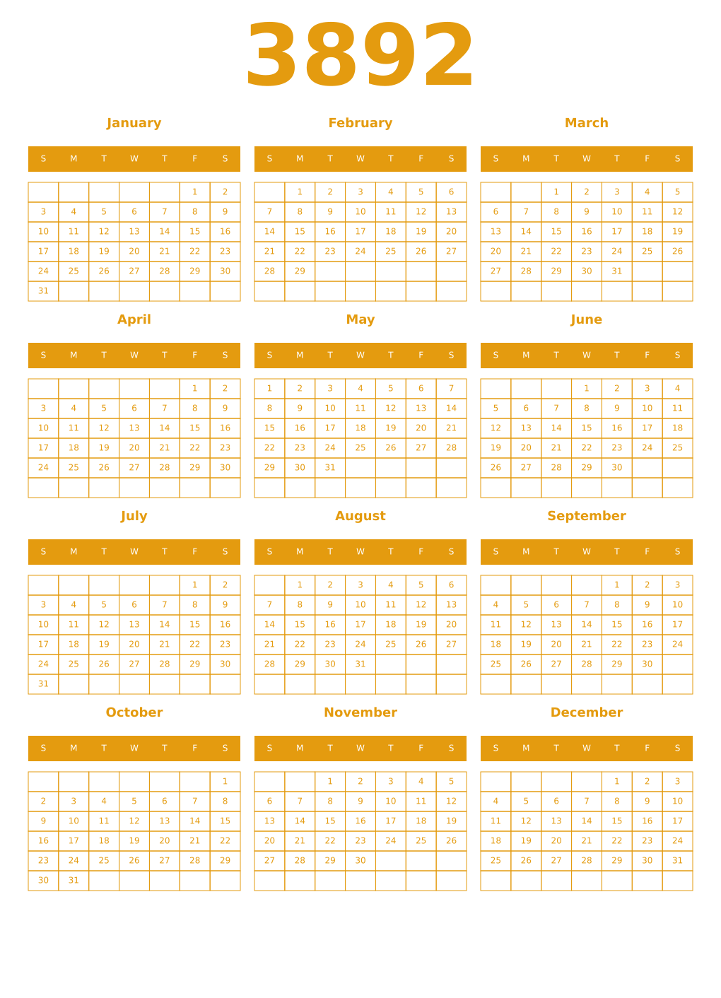 Printable 3892 Year Calendars gamboge