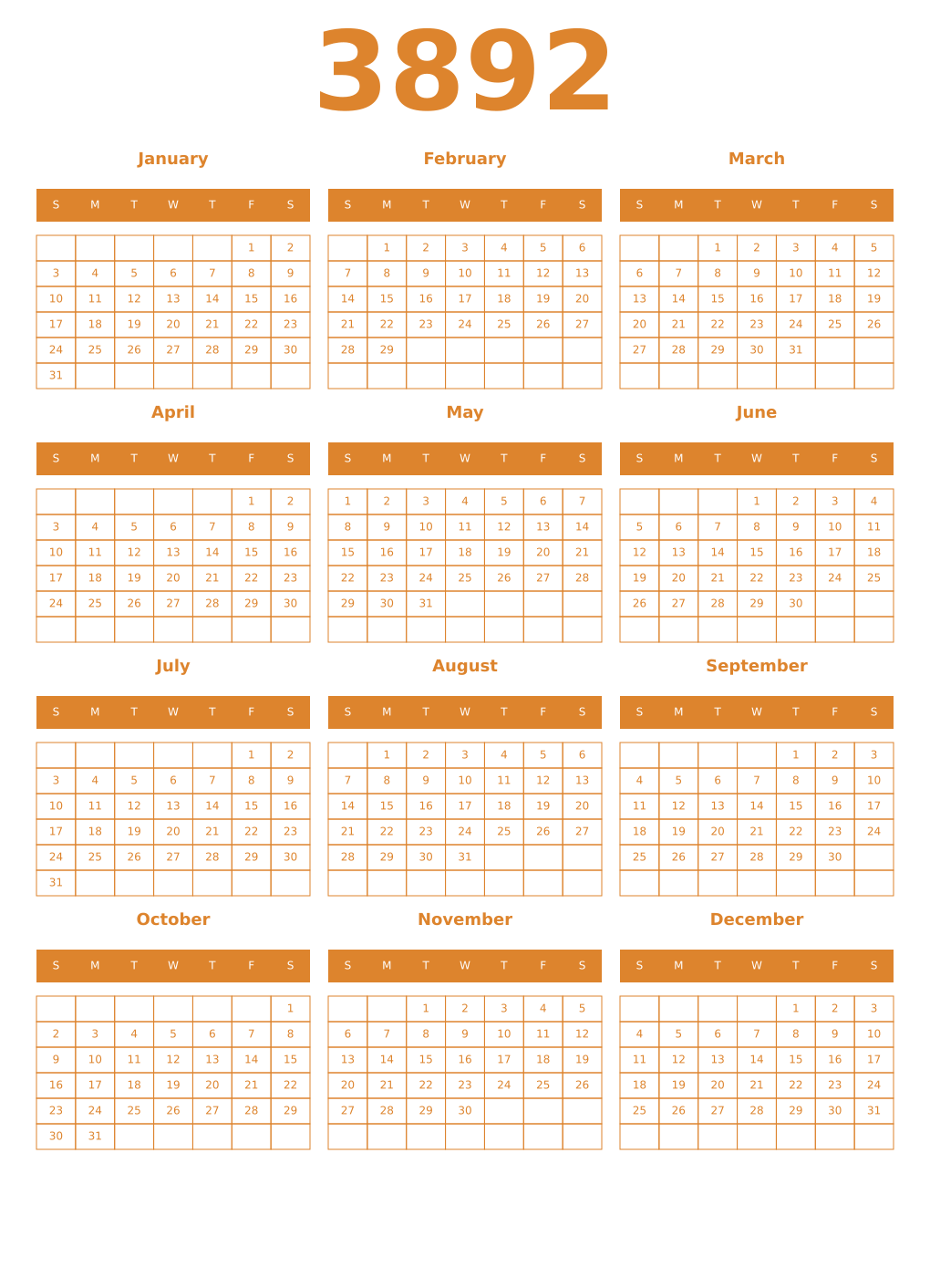 Printable 3892 Year Calendars orange