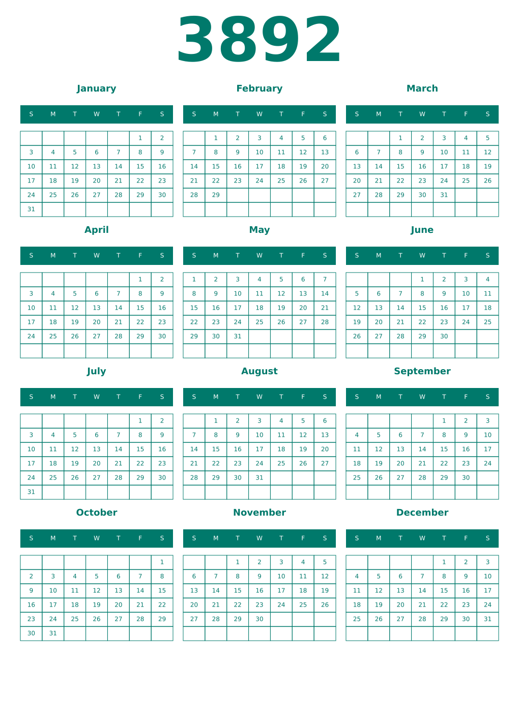 Printable 3892 Year Calendars pastel