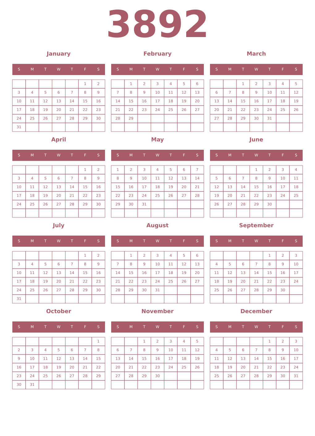 Printable 3892 Year Calendars puce