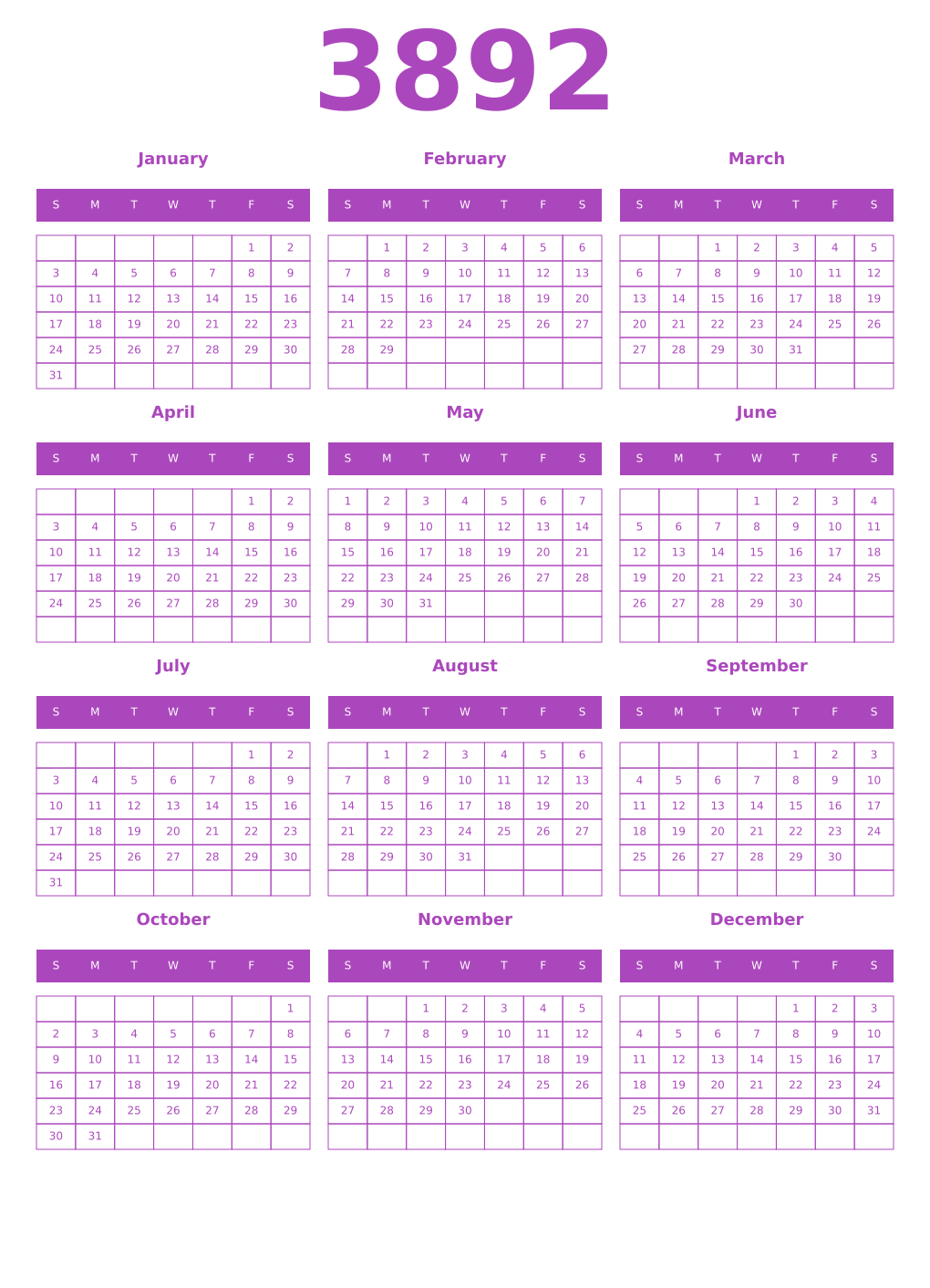 Printable 3892 Year Calendars purple
