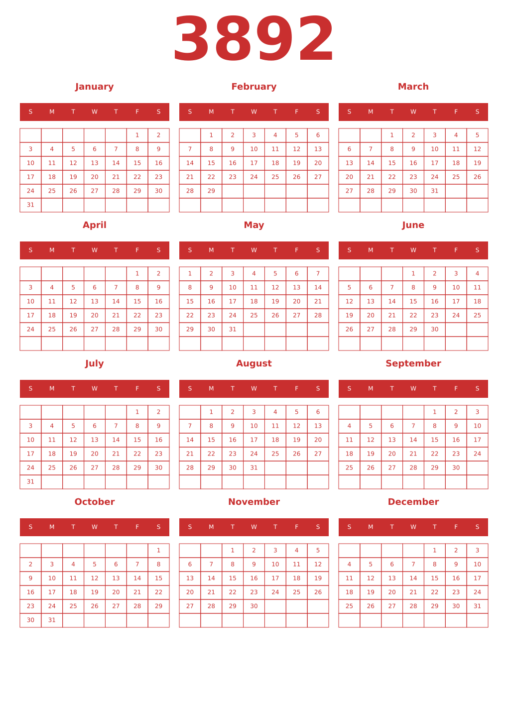 Printable 3892 Year Calendars red