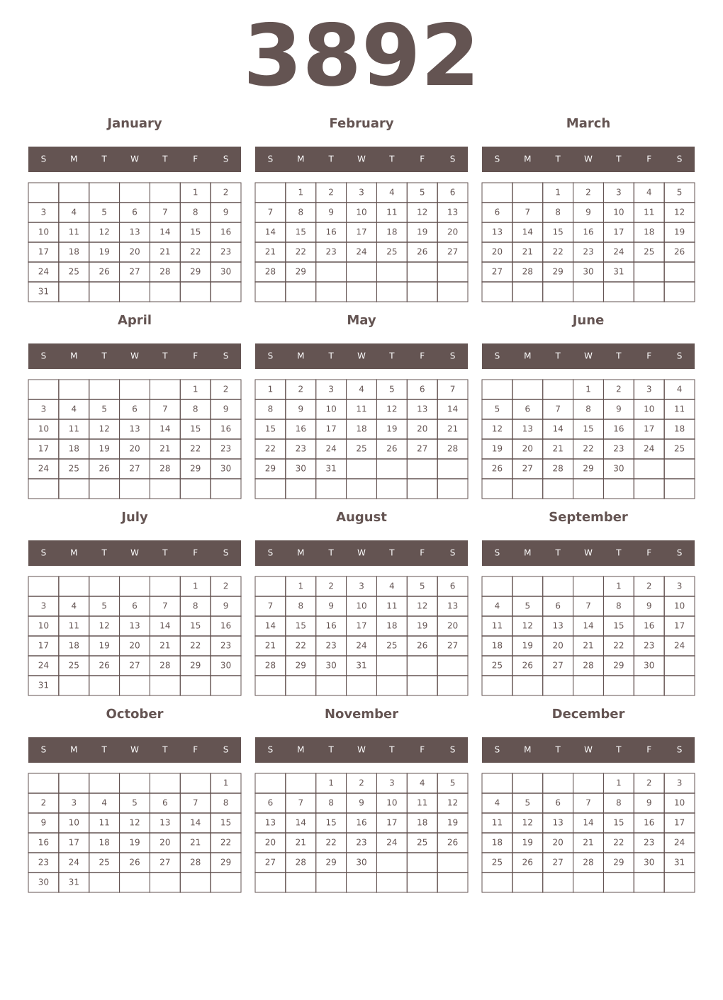 Printable 3892 Year Calendars wenge