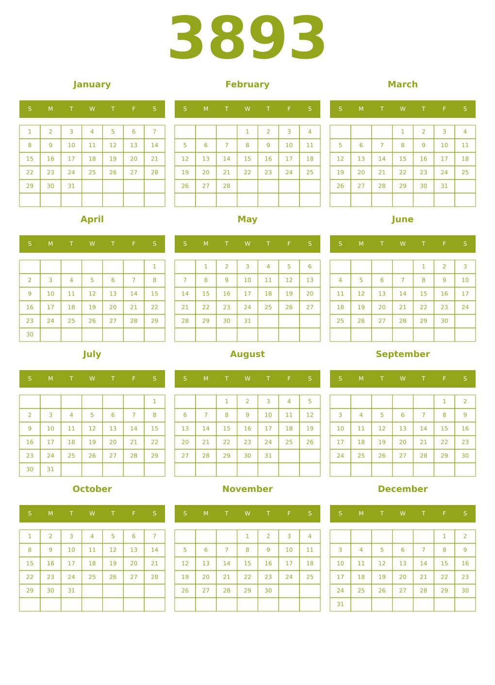 Printable 3893 Year Calendars chartreuse
