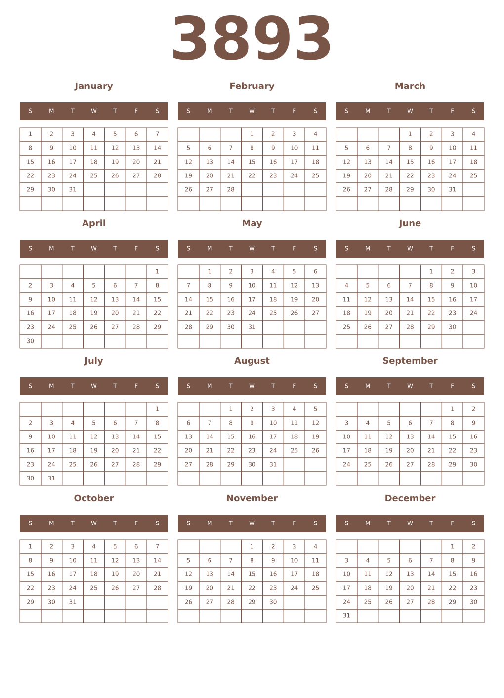 Printable 3893 Year Calendars coffe