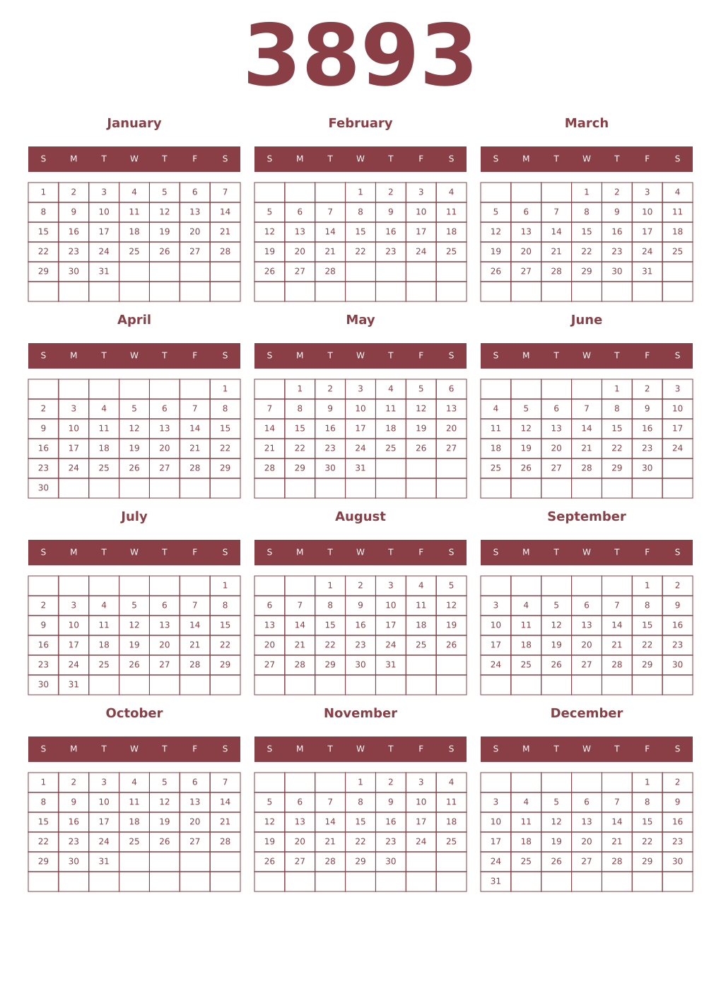 Printable 3893 Year Calendars cordovan