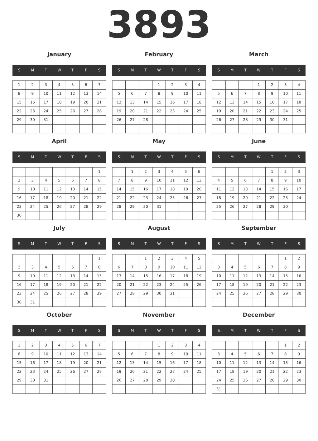 Printable 3893 Year Calendars dark