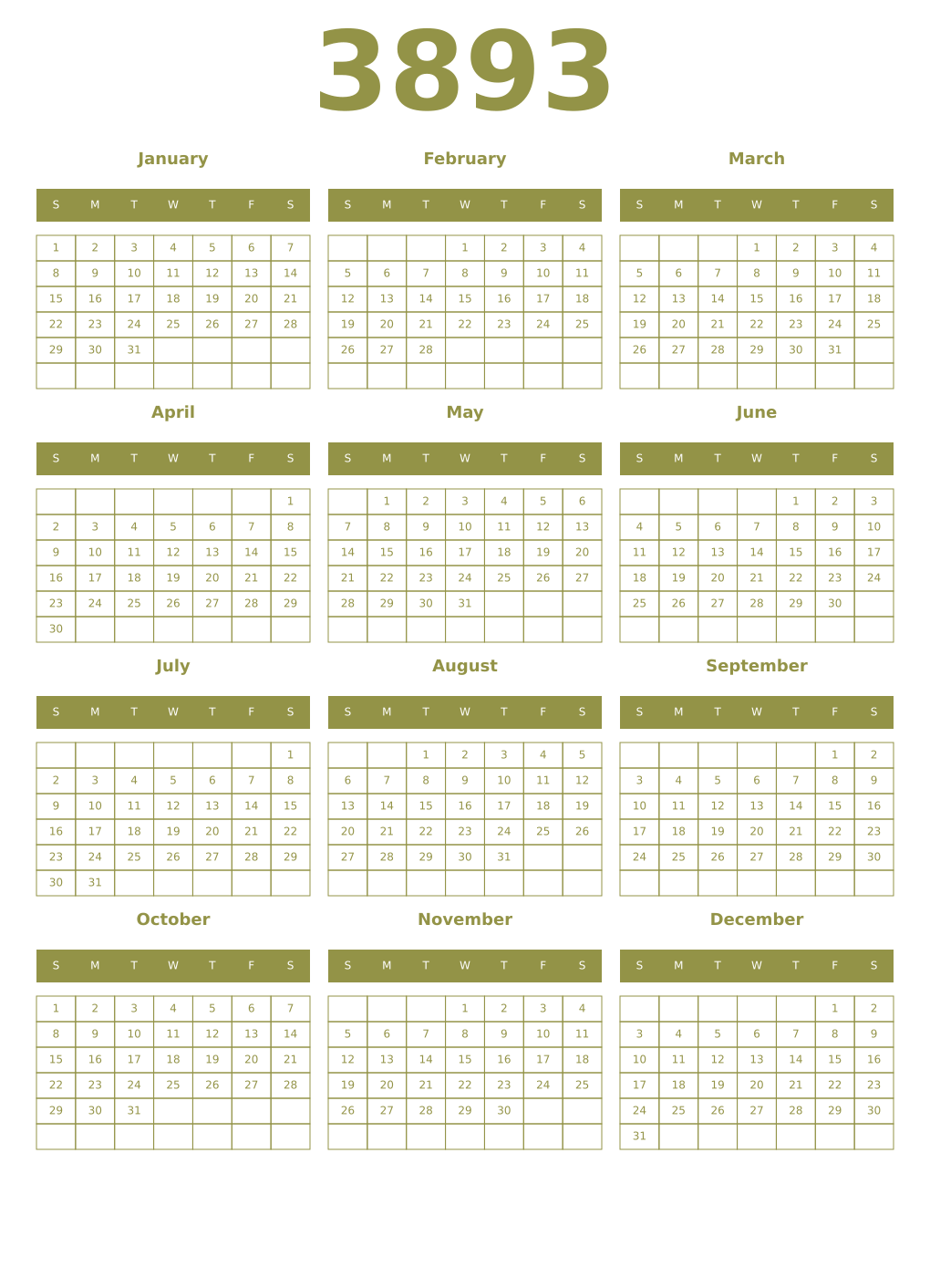 Printable 3893 Year Calendars eburnean