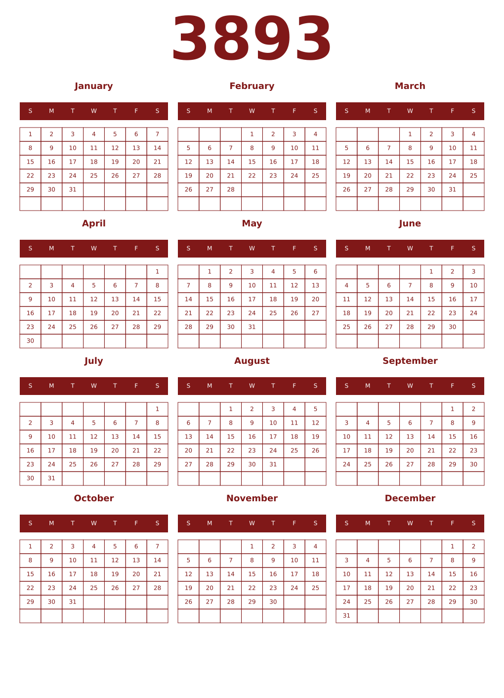 Printable 3893 Year Calendars falu