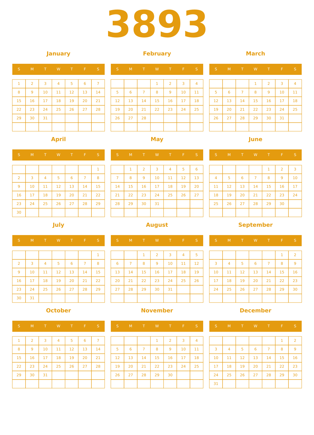 Printable 3893 Year Calendars gamboge