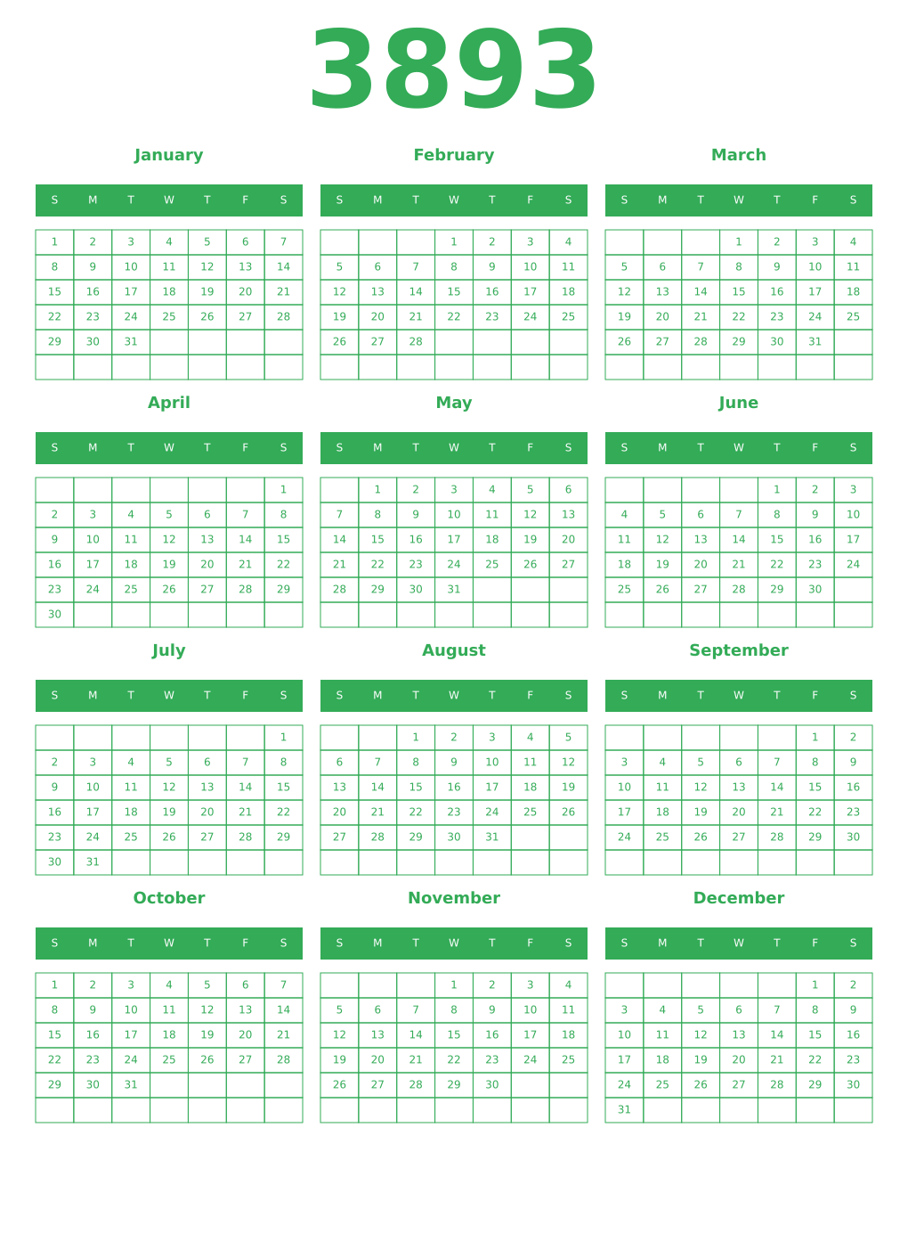 Printable 3893 Year Calendars green