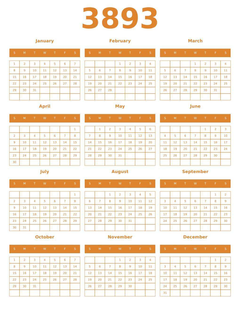 Printable 3893 Year Calendars orange