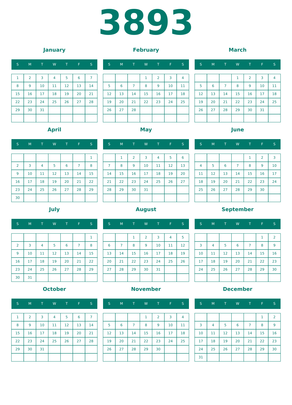 Printable 3893 Year Calendars pastel