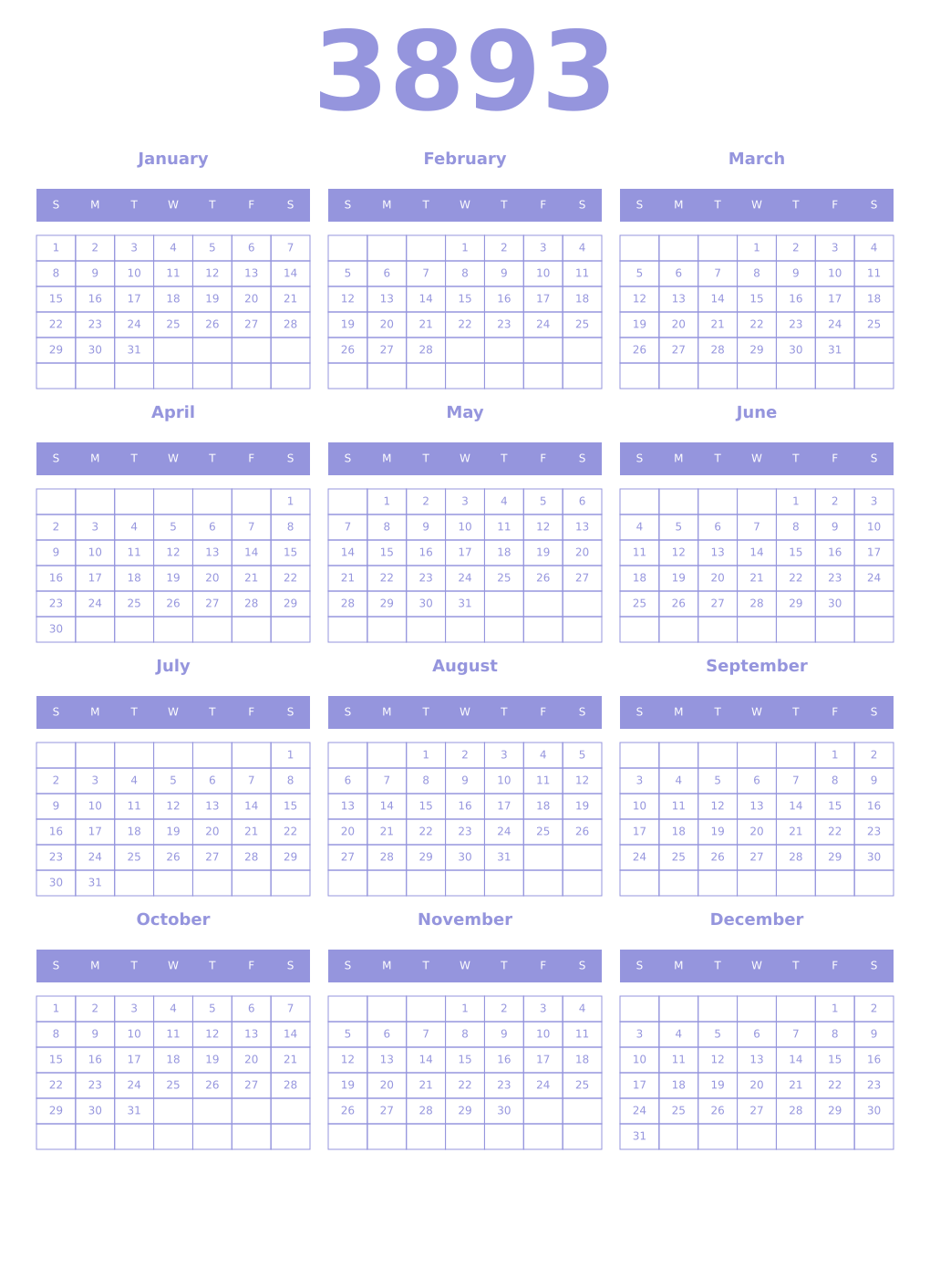 Printable 3893 Year Calendars periwinkle