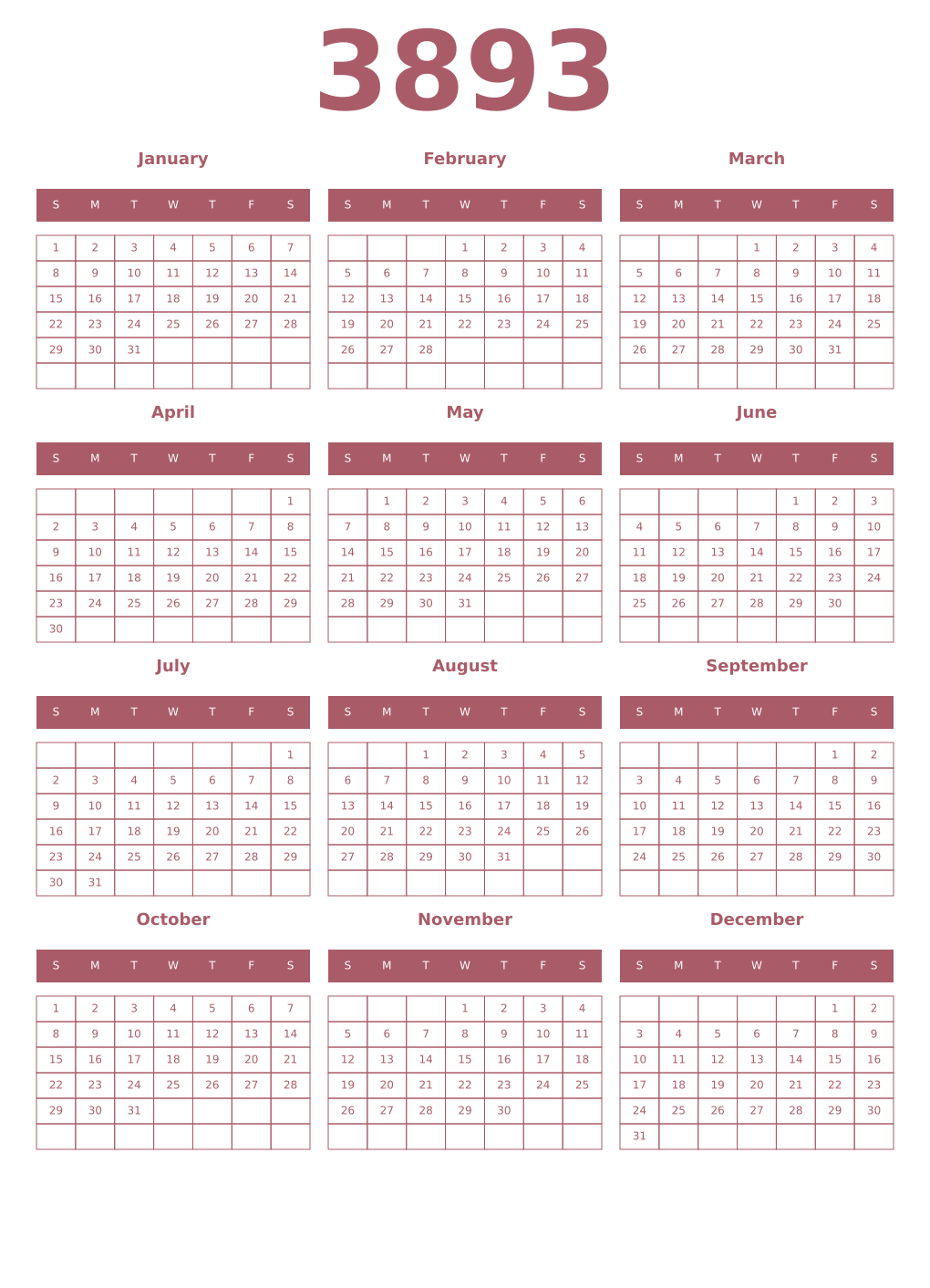 Printable 3893 Year Calendars puce