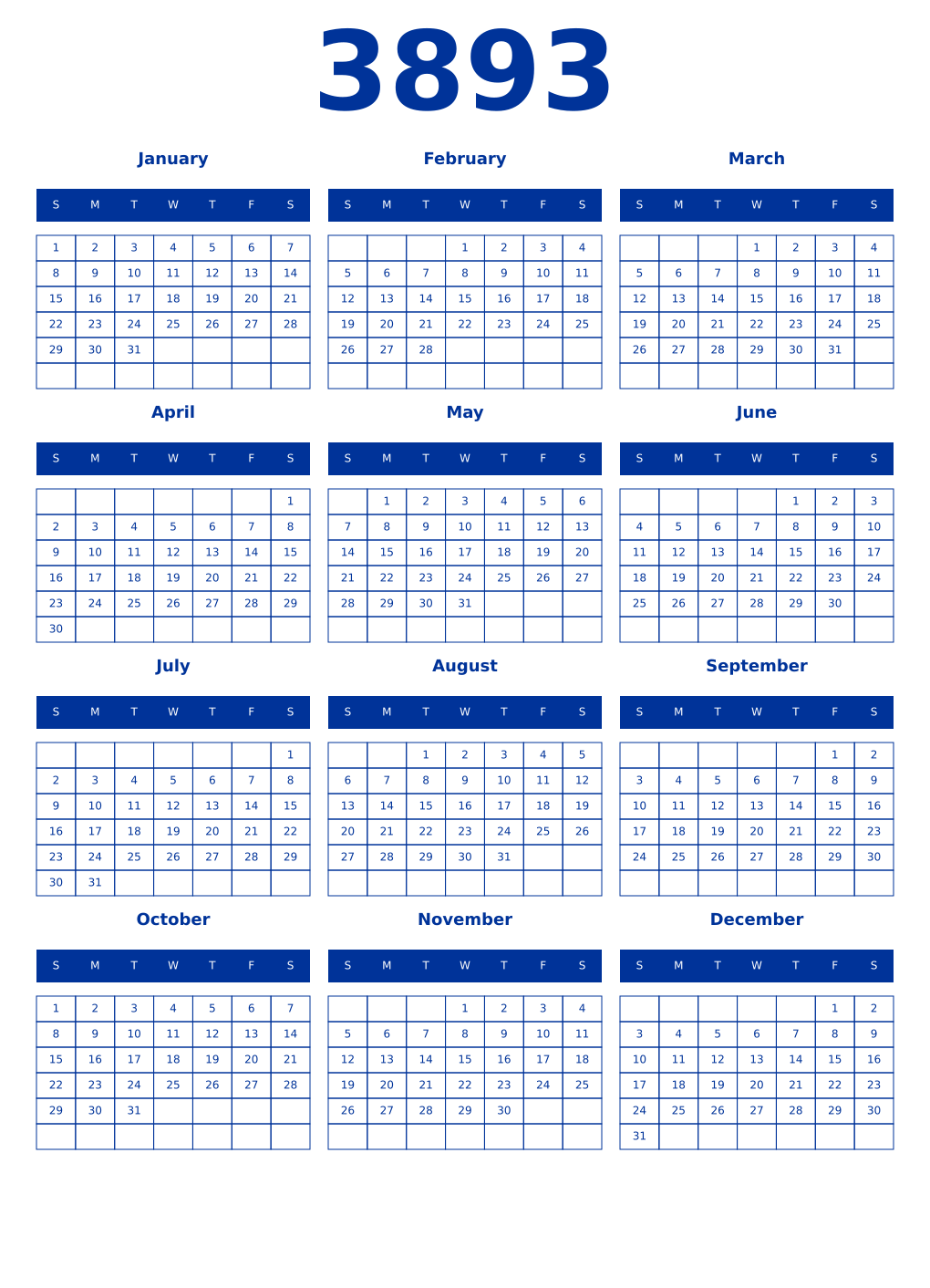 Printable 3893 Year Calendars smalt