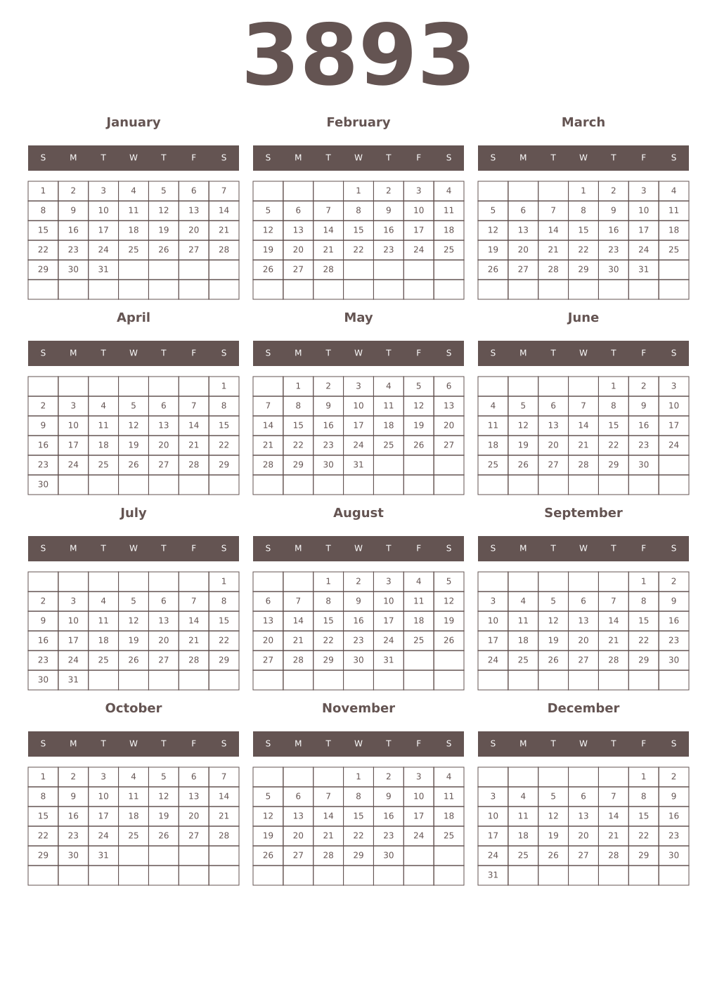Printable 3893 Year Calendars wenge