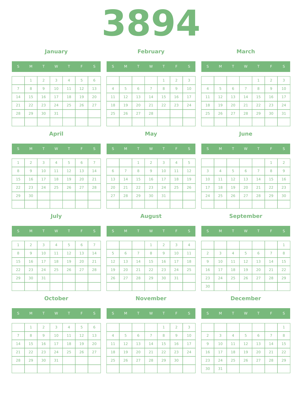 Printable 3894 Year Calendars celadon