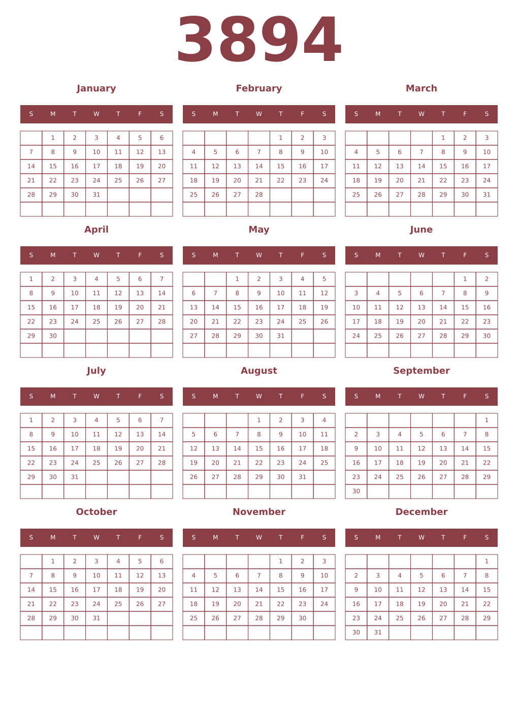 Printable 3894 Year Calendars cordovan