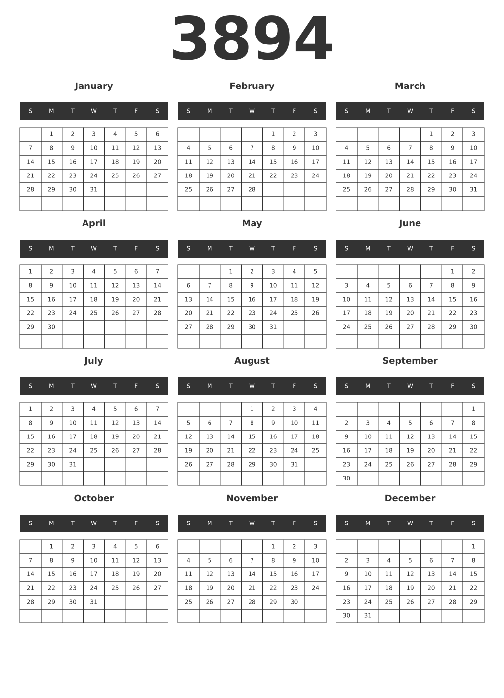 Printable 3894 Year Calendars dark
